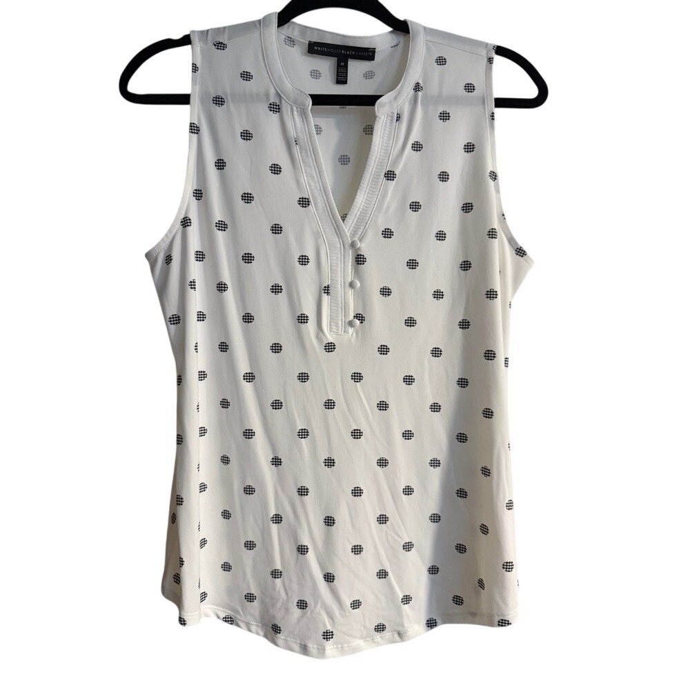 WHITE HOUSE BLACK MARKET Sleeveless Polka Dot V Neck Button Front Shirt Womens M